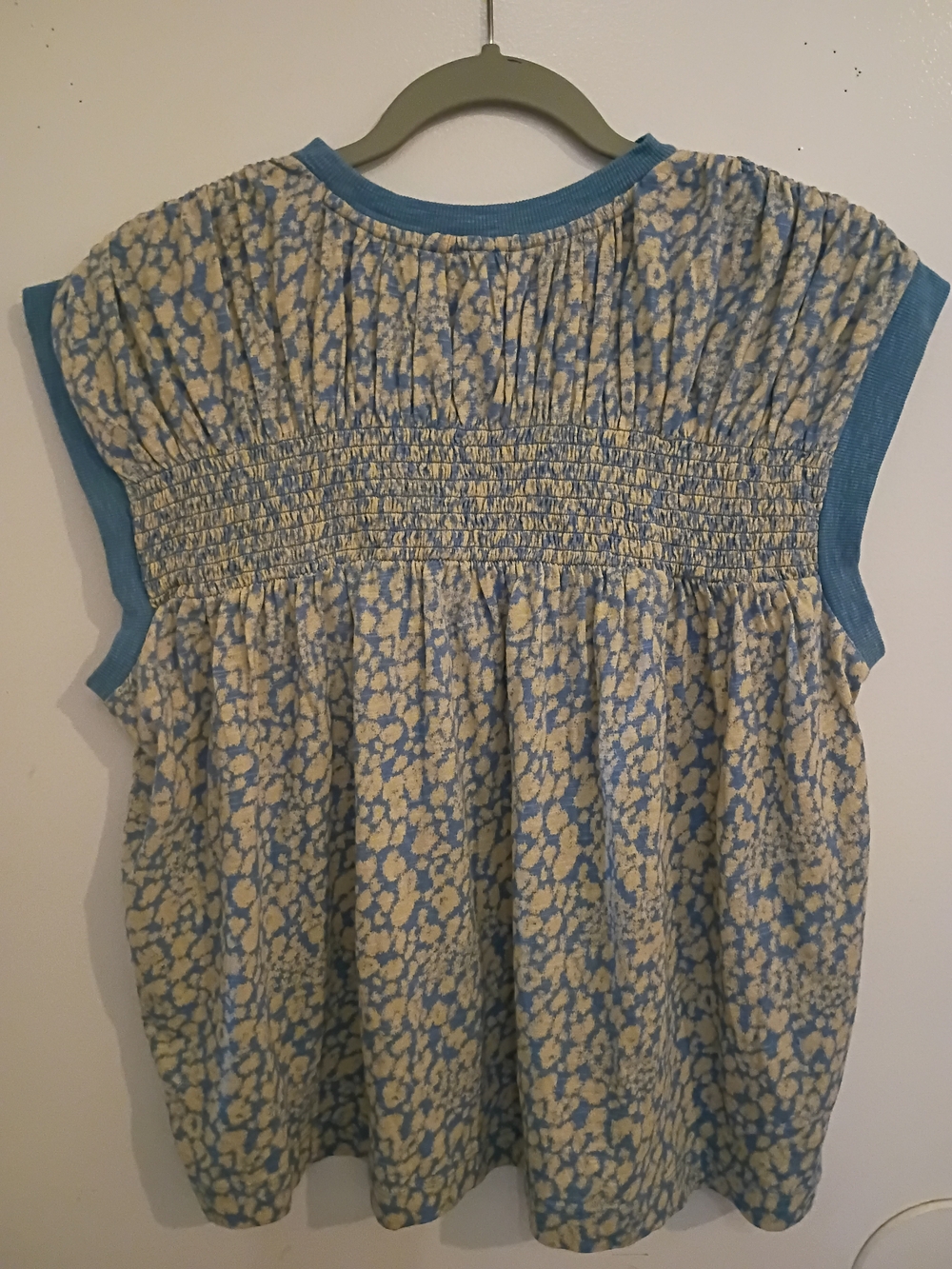 Anthropologie Blue and Cream Smocked Cap-Sleeve Top Sz M